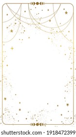 Frame with white magic background, gold stars and space decor with copy space. Card for astrology, banner for the witch. Divine boho design, hand drawn vector illustration, vintage style