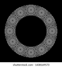 Frame with white ornament in circle on black background. Abstract illustration,  hand draw design. Arabic, Islamic, moroccan, asian, indian native african motif.