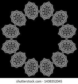 Frame with white ornament in circle on black background. Abstract illustration,  hand draw design. Arabic, Islamic, moroccan, asian, indian native african motif.