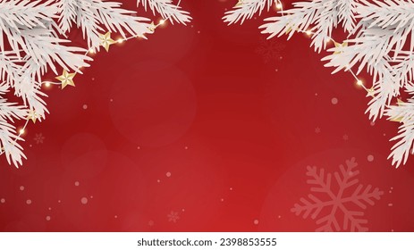 Frame with white pine leaves and stars on a red background , Merry Christmas  and Happy New Year background ,element in Christmas holiday , Flat Modern design , illustration Vector EPS 10
