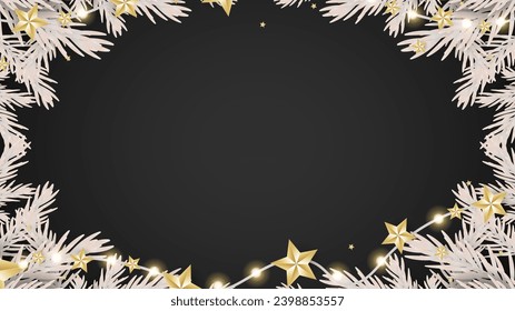Frame with white pine leaves and stars on a black background , Merry Christmas  and Happy New Year background ,element in Christmas holiday , Flat Modern design , illustration Vector EPS 10