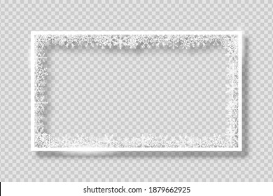 Frame with white snowflakes. Banner for Merry Christmas and New Year text or photo. White rectangle border with snowflake on transparent background with shadow. Vector.