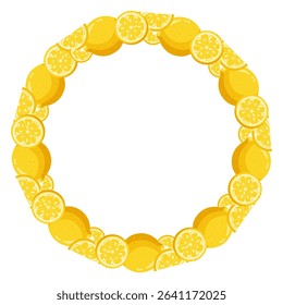 Frame with whole lemons and juicy slices. Vector isolated illustration in cartoon style on white background