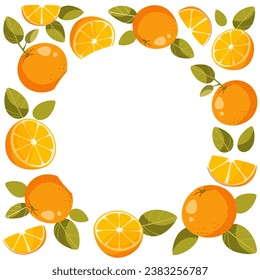 Marco de toda una naranja con hojas y rodajas naranjas sobre un fondo blanco. Un círculo de espacio vacío para texto en el medio. Fondo cítrico para posters de productos naranjas, tarjetas. Ilustración vectorial.