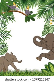 Frame. Wild animals. Elephant and parrots. Exotic herbs isolated on white. Border. Tropical card. Exotic background with leaves and flowers. Vector illustration.
