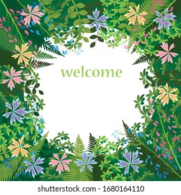 a frame of wild flowers and grass in a rustic style on a dark green background. 
in the center is a white circle. it can be used as a template for an invitation to a rustic wedding. vector.