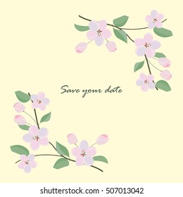 Frame from wild flowers. Unique decoration for greeting card with apple branch, wedding invitation, save the date. Isolated floral design. Spring plant with space for your text. Vector illustration.