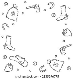 Marco de las ilustraciones de los vectores de doodle del oeste silvestre. Icono de elementos occidentales de Cowboy. sombrero, pañuelo, botas, herradura, grande y dinero, pistola.