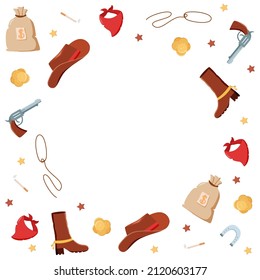 Frame Wild West Reihe von Vektorgrafiken. Cowboy Western Elemente Symbol. Hut, Nekkerhaufen, Stiefel, Brille, Hufeisen, Tasche und Geld, Pistole und Zigarette