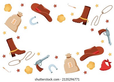 Conjunto de ilustraciones vectoriales de Frame Wild West. Icono de elementos occidentales de Cowboy. sombrero, pañuelo, botas, lazo, herradura, bolsa y dinero, pistola y cigarrillo.