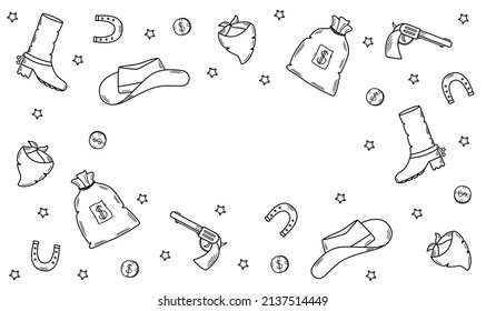 Conjunto de ilustraciones vectoriales localizado en el marco del oeste. Icono de elementos occidentales de Cowboy. sombrero, pañuelo, botas, herradura, bolsa y dinero, pistola