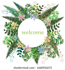 un marco de flores silvestres y hierba de estilo rústico. se puede utilizar como plantilla para una invitación a una boda rústica, una fiesta al aire libre de verano o un picnic. ilustración vectorial de existencias. EPS 10.
