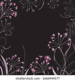 Frame of wildflowers and plants. Butomus umbellatus or peak flower. Botanical illustration with a textured brush. Isolated white chalk image on a black background. Vector graphics.