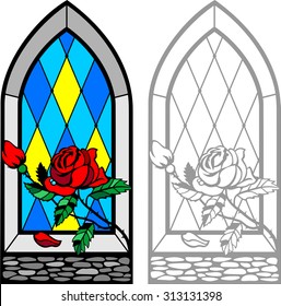 Frame window with Red Rose on windowsill. Glass in gothic style, lancet. Stained glass window  background. It Can be used for flayers, banners, posters.Vector illustration.