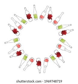 Frame of wine bottles suitable for a poster, cad, banner or restaurant menu. Illustration can be used for logotype or icon design of red, white and rose wine