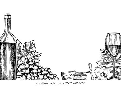 A frame with wine. Bunches of grapes, a bottle and a glass of wine. Vector graphics, black and white hand-drawn illustration. On a white background. For packaging, label design. For banners, posters.