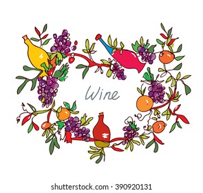 Frame for wine with leaves and bottles - ornamental vector illustration