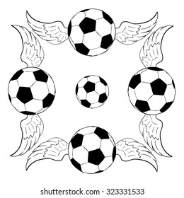 The frame from winged soccerballs surrounds a classical ball