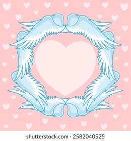 Frame of wings and heart on pink background for Valentine's day and wedding and wishes.