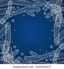 The frame is a winter or festive Christmas banner. on the edges of the blue background are branches of a snow-covered Christmas tree and snowflakes are flying. Vector illustration