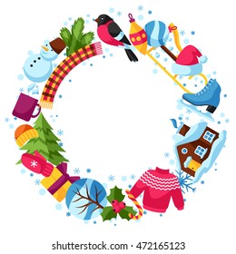 Frame with winter objects. Merry Christmas, Happy New Year holiday items and symbols.