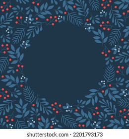 Frame with winter twigs and berries in blue colors. Template for greeting cards, invitation, poster, banner, flyer. Vector illustration