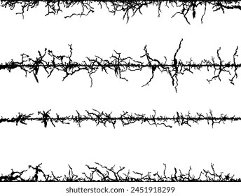 frame of wire, barbed wire texture set, black and white barbed wire border, sound waves in different shapes and sizes,