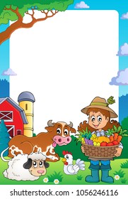 Frame with woman farmer and animals - eps10 vector illustration.