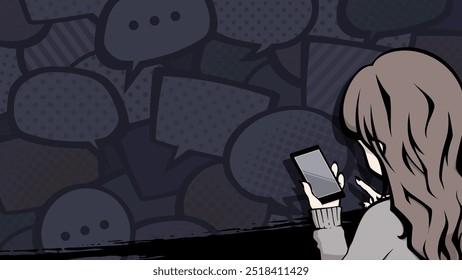 Frame of a woman operating an American comic-style smartphone_SNS fatigue_Image illustration of bullying