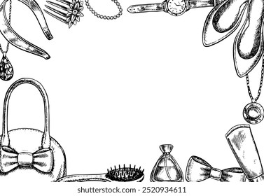 A frame with women's accessories, cosmetics, hair clips, women's shoes, perfumes, and a bag. Black and white vector graphics made by hand. Illustrations on a white background. For labels and postcards
