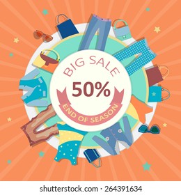 Frame with women's clothing and accessories. Big Sale. End of the season. Place for your text