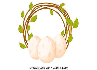 Frame from wood branch with leaves with eggs, Easter spring garland from sticks, cute decoration in cartoon style isolated on white background. 