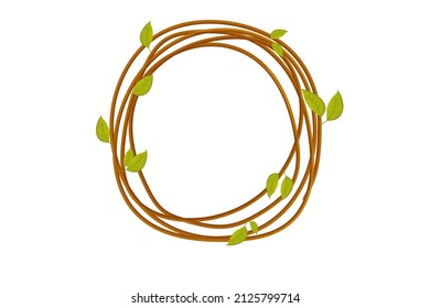 Frame from wood branch with leaves, spring garland from sticks, cute decoration in cartoon style isolated on white background. 