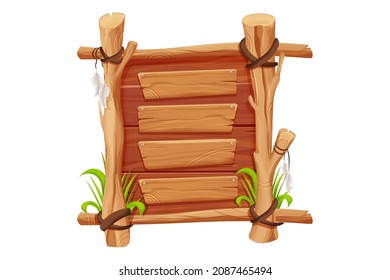 Frame from wood branch, sticks, leather rope, grass in comic cartoon style isolated on white background. Tribal, rural clip art. Ui game menu asset.