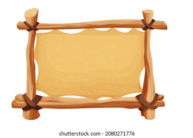 Frame from wood branch, sticks, old paper and leather rope in comic cartoon style isolated on white background. Tribal, rural clip art. Ui game asset.