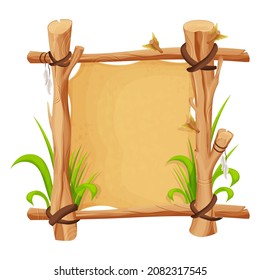 Frame from wood branch, sticks, old paper, leather rope, grass in comic cartoon style isolated on white background. Tribal, rural clip art. Ui game asset. Vector illustration