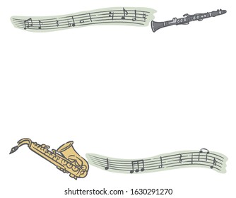 Frame with woodwind instruments and abstract music notes. Vector illustration.