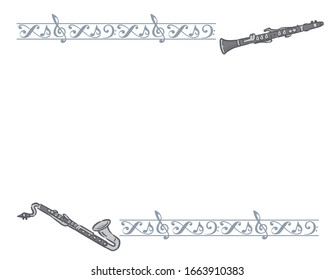 Frame with woodwind instruments and decorative border. Vector illustration.