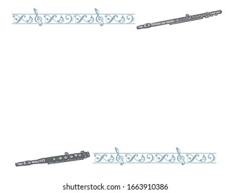 Frame with woodwind instruments and decorative border. Vector illustration.