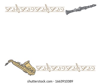 Frame with woodwind instruments and decorative border. Vector illustration.