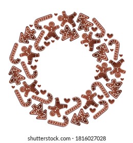 Frame, wreath or blank of gingerbread with cane, Christmas tree, gingerbread men and place for text or copy space on a white background. Christmas flat vector stock illustration with cookies