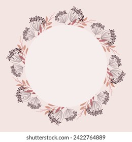 A frame with wreath of delicate twigs in subtle shades of pink with a dark brown accent. Round floral frame. Vector pattern for voucher, wishes and wedding invitations.