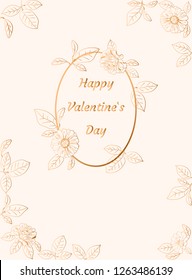 Frame, wreath with flowers (zinnia, camomile, sunflower. daisy). Elegant happy Valentine`s day card. Vector illustration.