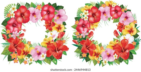 Frame and Wreath from Hibiscus Flowers and Tropical Leaf