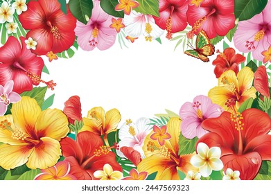 Frame and Wreath from Hibiscus Flowers and Tropical Leaf