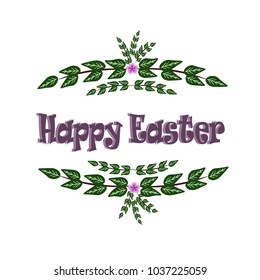 
frame from a wreath and leaf with flowers with text, a holiday of the spring easter on a white background