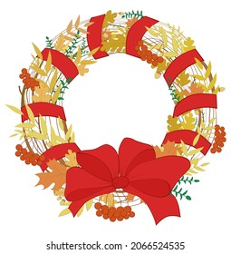 Frame of wreath of leaves, acorn and rowan isolated on white. Colored hand drawn vector round frame. Template for autumn card.