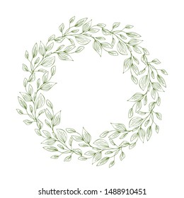 Frame of wreath with leaves and branches. Decor design with copyspace isolated on white. Sketched floral and herbs garland. Handdrawn vector style, nature illustration