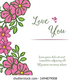 Frame wreath and leaves, isolated on white background, for template of card love you. Vector