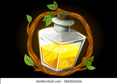 Frame wreath and magic yellow potion in a square bottle. Vector illustration of an elixir for the game.